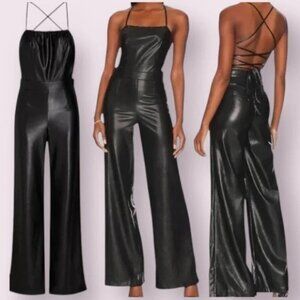 New Good American Faux Buttery Leather Wide Leg Halter Jumpsuit Size Small  RN10